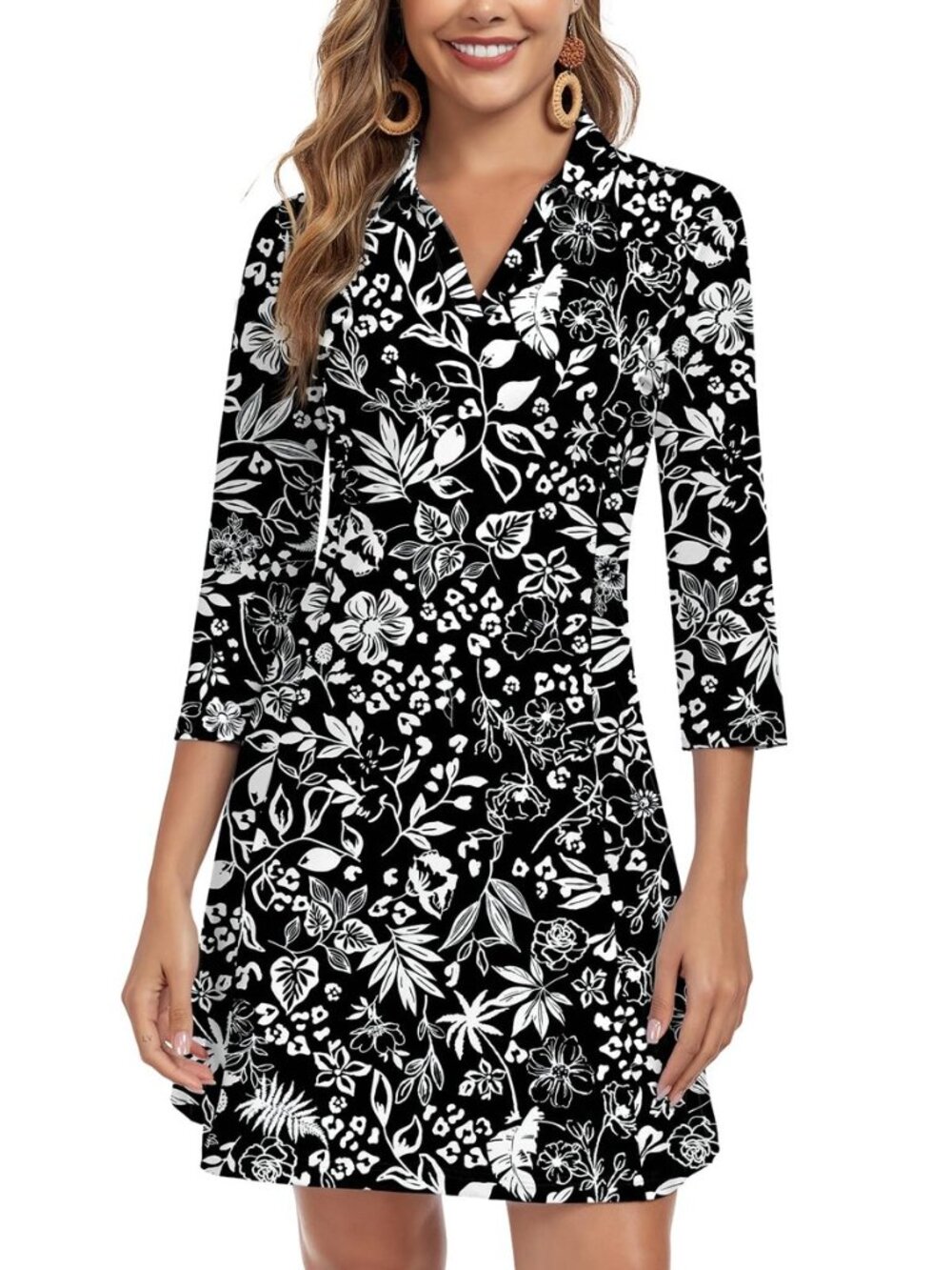 3/4 Sleeve Dress for Women with Pockets V Neck UPF 50+ Casual Sun Dress